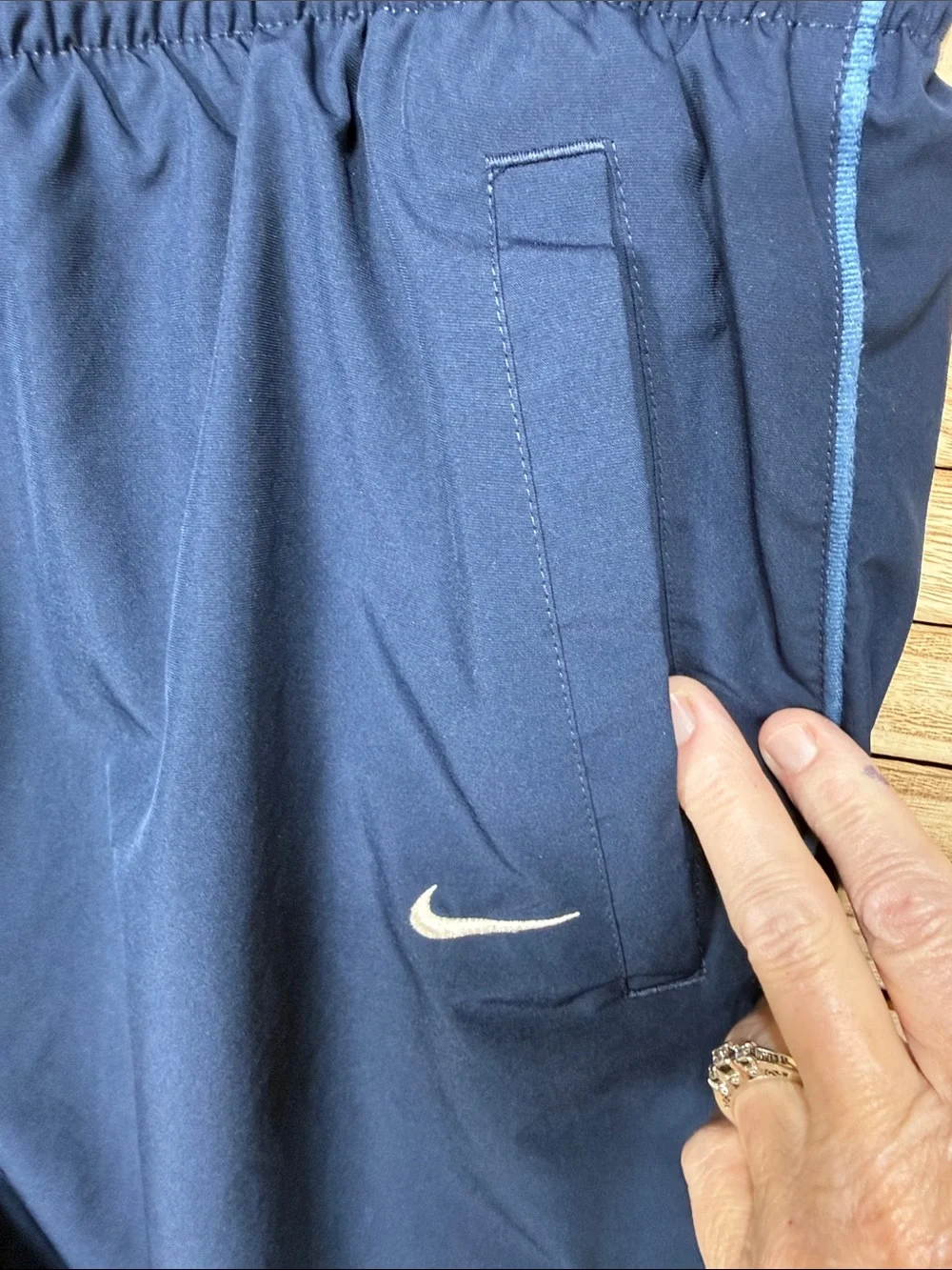 Nike Mens Navy Blue Track Pants with Light Blue Piping Lined Size L